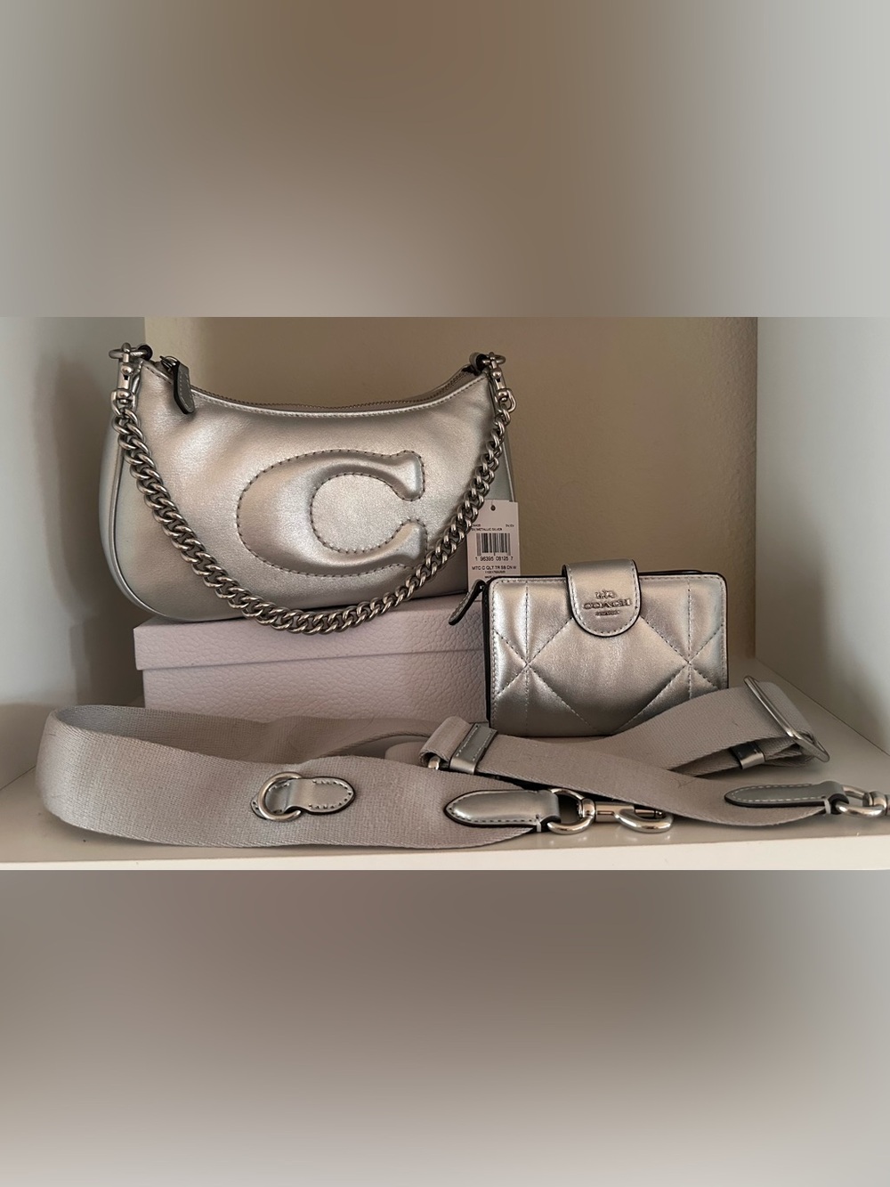 Coach Metallic Silver Teri Shoulder Bag & Wallet Set